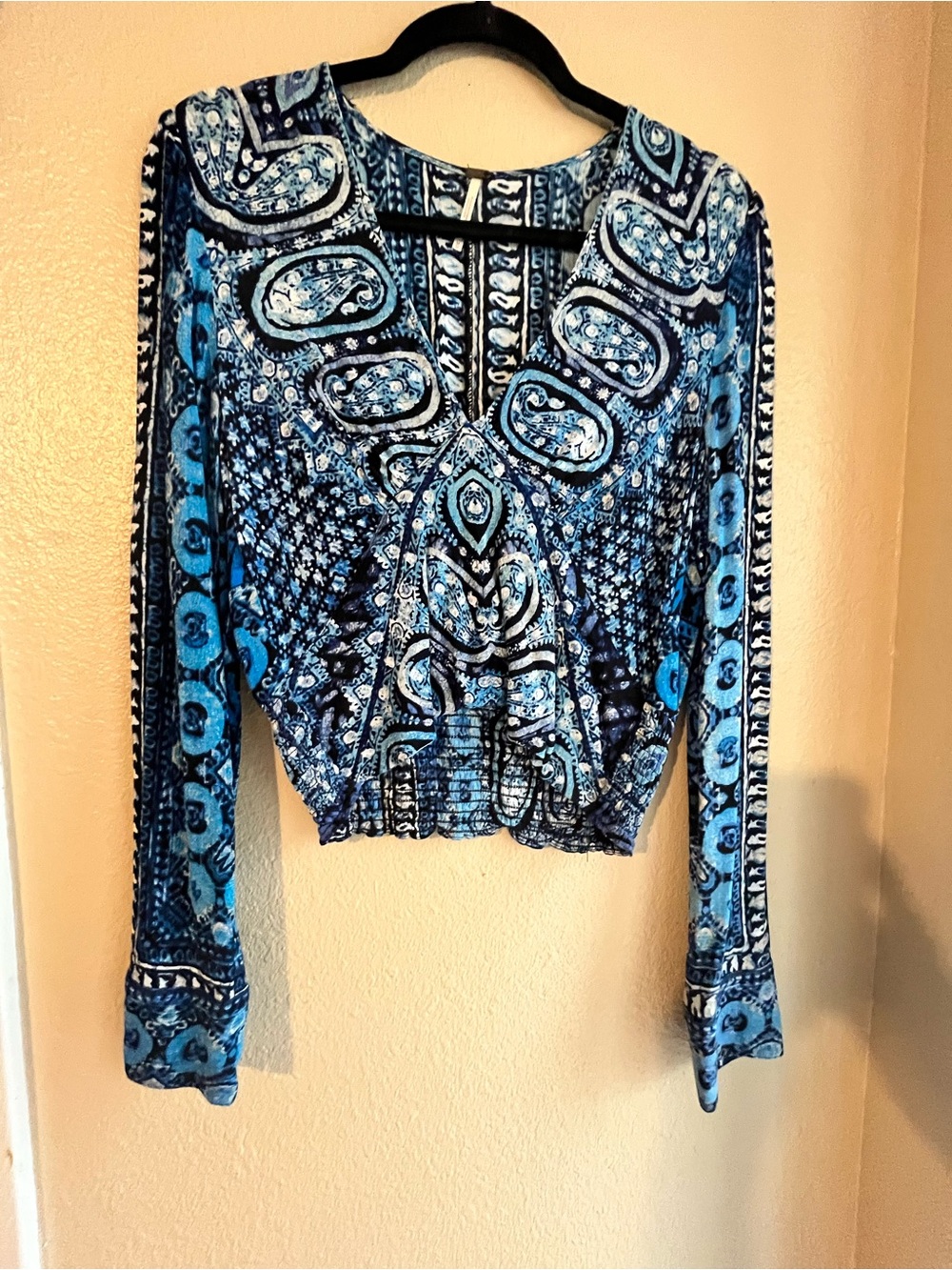 Free People Wild and Free Blue Paisley V-Neck Long Sleeve Top